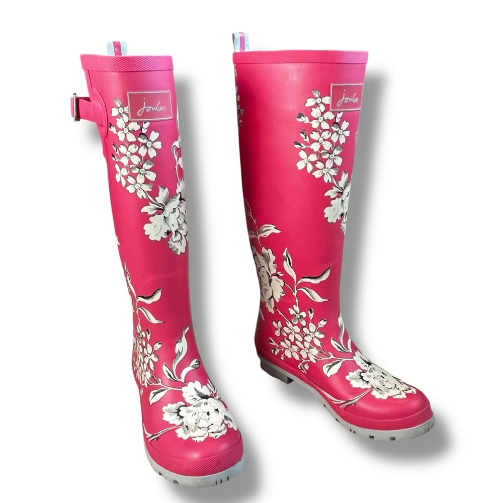 Joules Tall Rain Boots US 8 Welly Print Pink Floral Rubber Preppy Side Buckles